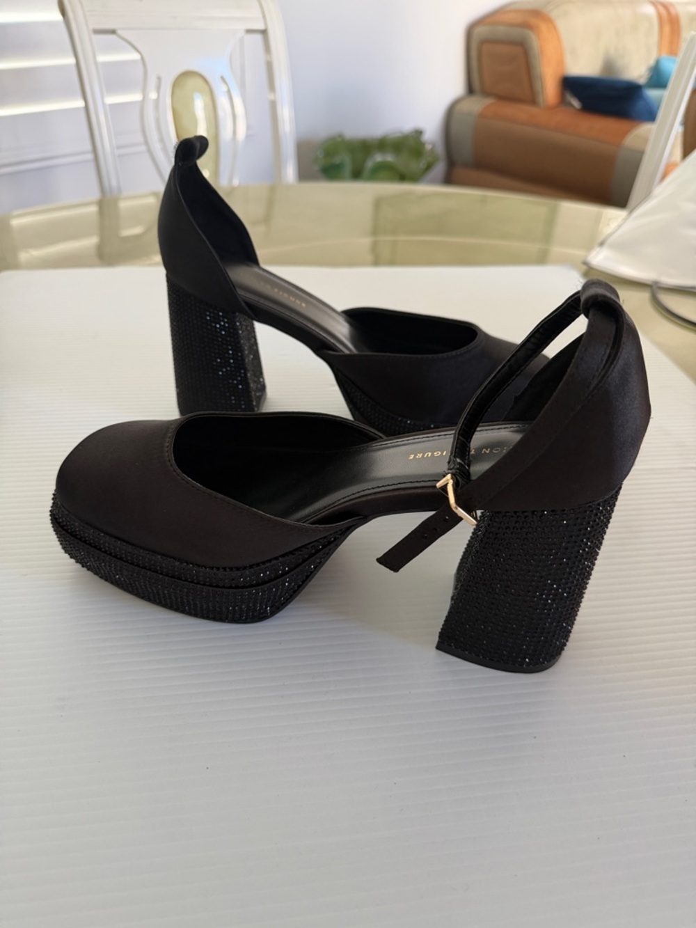 Fashion To Figure Martine Black Gem Platform Block Heel Pumps Wide Width Size 9W